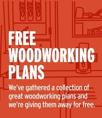 Red background with white text about free woodworking plans and a line drawing of a workshop.