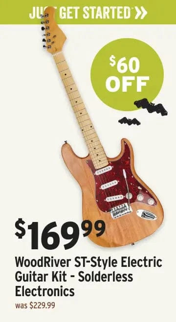 WoodRiver ST-Style Electric Guitar Kit with promotional text on a white background
