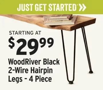 Wooden table with black hairpin legs and promotional text for WoodRiver Black 2-Wire Hairpin Legs.