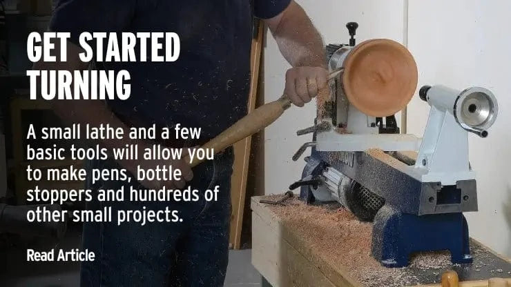 Person using a small lathe with text about starting to turn.