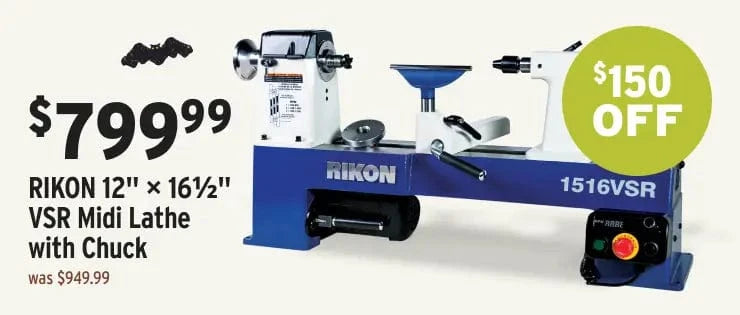 Rikon 12" x 16½" VSR Midi Lathe with Chuck on a white background with promotional text.
