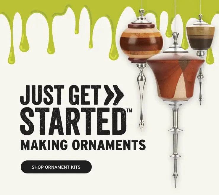 Wooden ornament-making tools with a promotional message on a green and white background