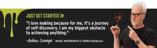 Adam Savage holding a spoon with a quote about self-discovery and achievement on a black background