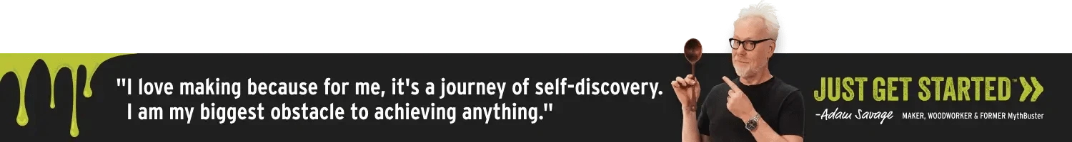 Adam Savage holding a spoon with a quote about self-discovery and achievement on a black background