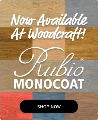 Advertisement for Rubio Monocoat wood finish with a colorful wood panel background.