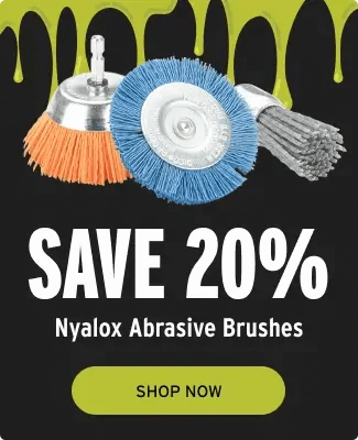 Nyalox Abrasive Brushes with a promotional message to save 20% and a 'Shop Now' button on a black background.
